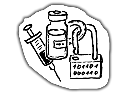 Drawing of a syringe and pill bottle secured by a lock.